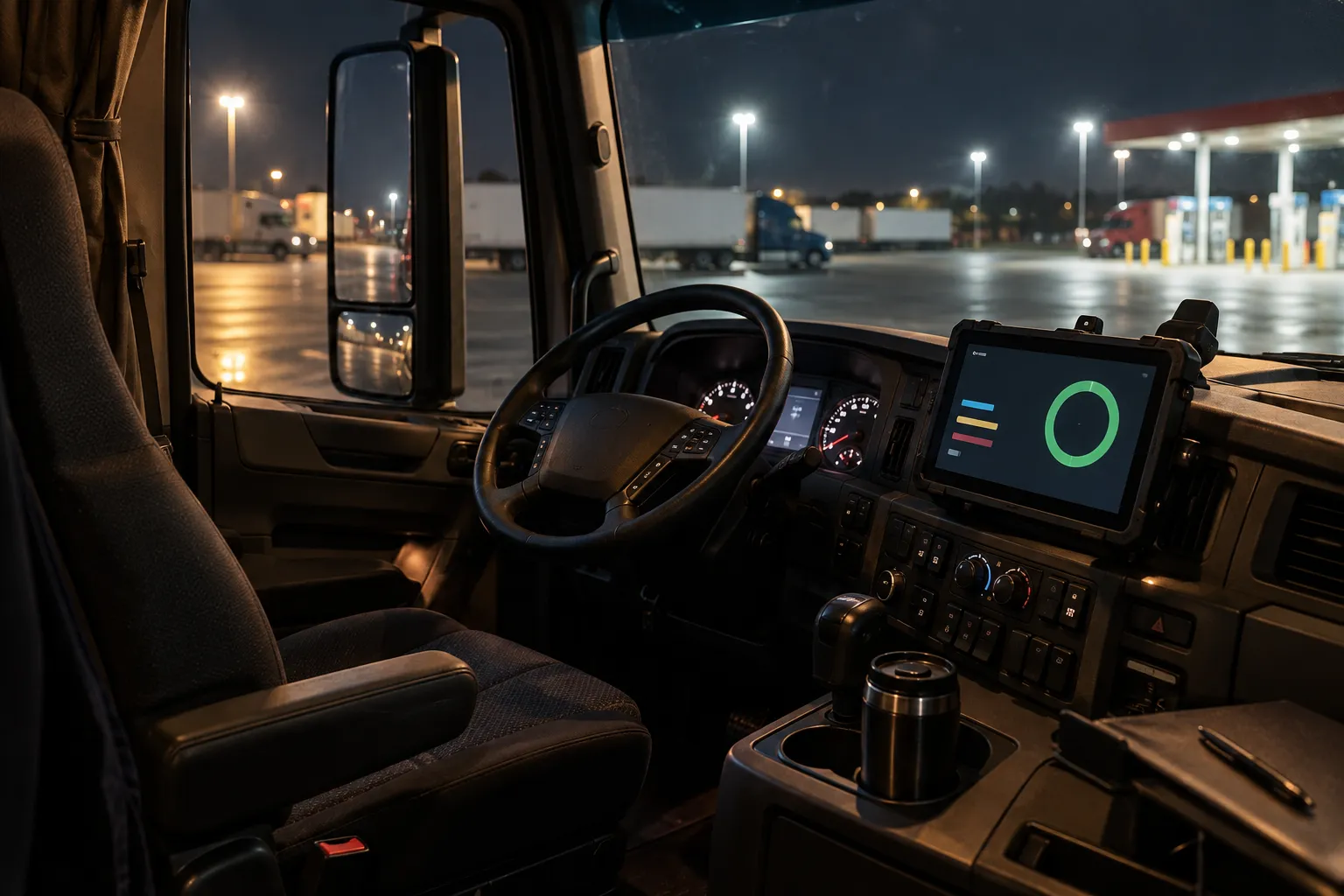 Tablet mounted in a truck cab at night