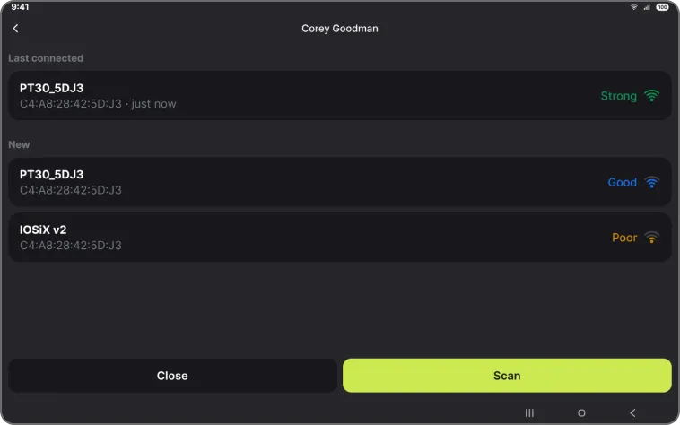 Connect ELD screen listing PT30 and IOSiX devices