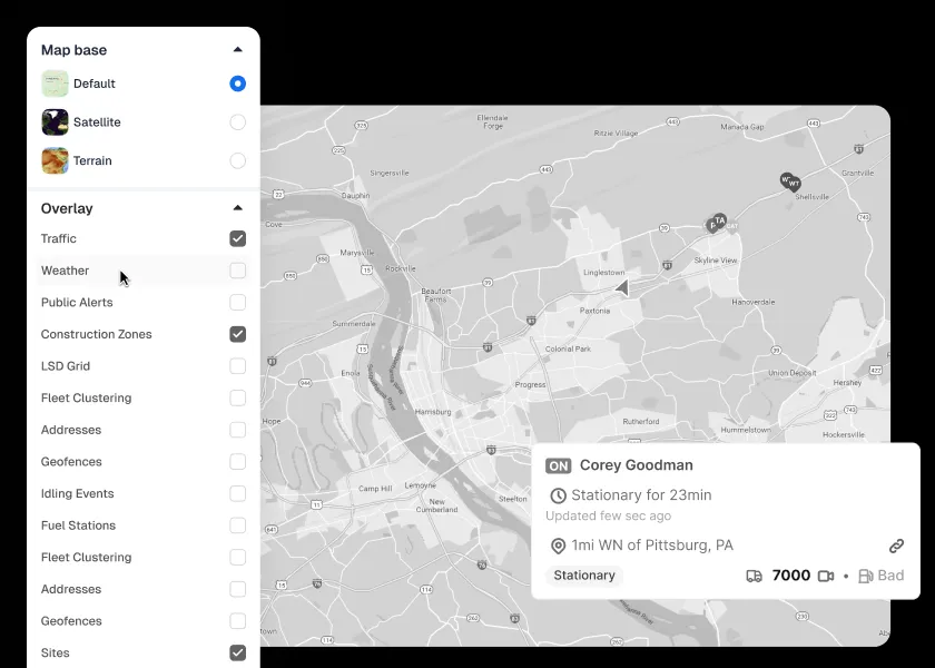 Fleet map with satellite, terrain, traffic and construction layers