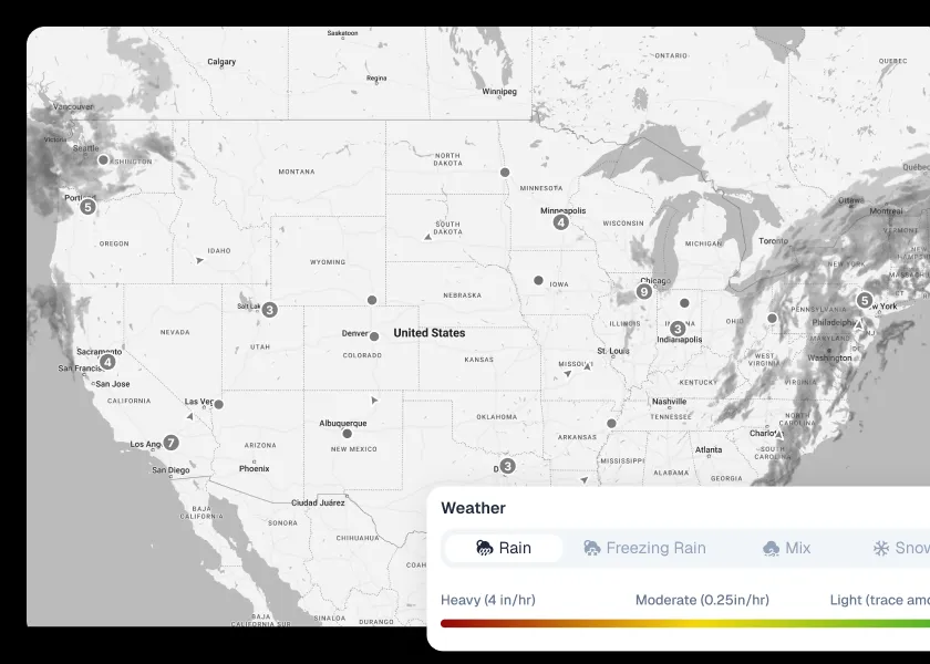 US weather map with rain, freezing rain, mix and snow layers